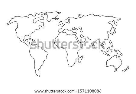 World map. Hand drawn simple stylized continents silhouette in minimal line outline thin shape. Isolated vector illustration