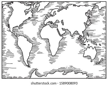 World map in hand drawn sketch style. Engraving black Asia, Europe, Africa, America, Australia.
