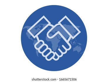 World map and handshake. Circular icon. Vector illustration.