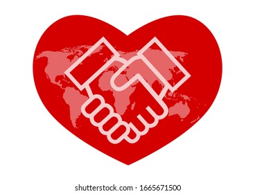 World map and handshake. Heart shaped icon. Vector illustration.