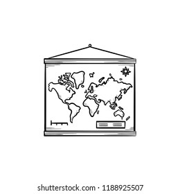World map hanging on the wall hand drawn outline doodle icon. Geography and knowledge, education concept. Vector sketch illustration for print, web, mobile and infographics on white background.