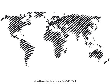 World map hatch lines, vector illustration.