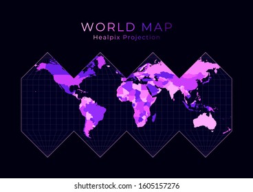 World Map. HEALPix projection. Digital world illustration. Bright pink neon colors on dark background. Astonishing vector illustration.