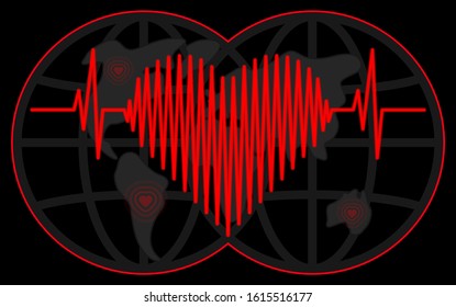 World Map Heart. Love Electrocardiogram. Vector illustration