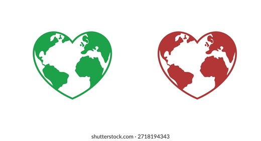 Mapa del mundo en forma de corazón conjunto de iconos, símbolo del corazón del planeta de la tierra verde y roja para el amor, la naturaleza, la caridad global, el medio ambiente ecológico y el concepto del día mundial del corazón aislado sobre fondo blanco.