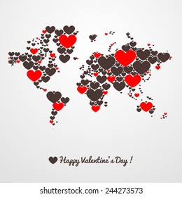 World Map With Hearts. Valentines Day.