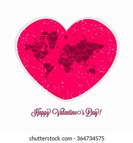 World map with hearts. Valentines day.