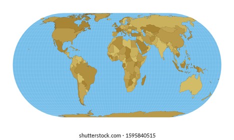 World Map. Herbert Hufnage's pseudocylindrical equal-area projection. Map of the world with meridians on blue background. Vector illustration.