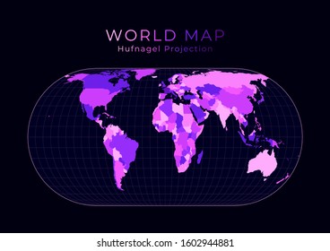 World Map. Herbert Hufnage's pseudocylindrical equal-area projection. Digital world illustration. Bright pink neon colors on dark background. Awesome vector illustration.