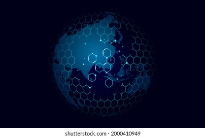 World Map Hexagon Global Network Connection International. Asia China, India, Japan Continent Country. Planet Earth From Space Vector Illustration