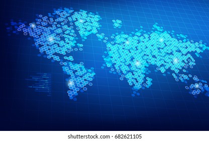 World map in hexagonal style; concept of world technology connection