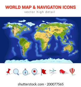 World map high detail vector navigation icon set. America, Asia, Europe, Africa, Australia continents, rivers, mountains, seas, forests. Pin icons and objects custom template.