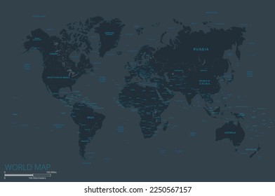 World map. High detailed map of World with countries, borders, cities, water objects. Vector illustration eps10.