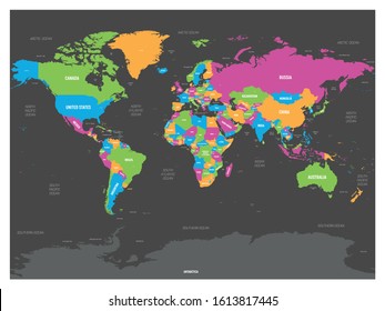 World map. High detailed political map of World with country, capital, ocean and sea names labeling. Colorful map on dark background.