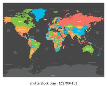 World map. High detailed political map of World with country, capital, ocean and sea names labeling. Colorful map on dark background.