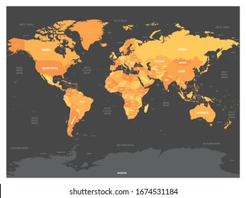 World map. High detailed political map of World with country, capital, ocean and sea names labeling. Orange map on dark background.