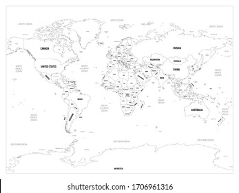 World map. High detailed political map of World with country, capital, ocean and sea names labeling.