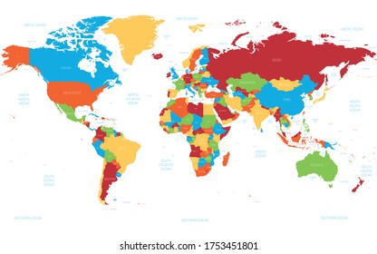 World map. High detailed political map of World with country, ocean and sea names labeling. 5 colors scheme vector map on white background.