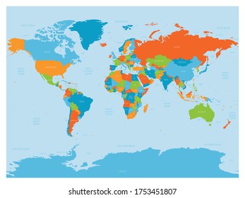 World map. High detailed political map of World with country, ocean and sea names labeling. 5 colors scheme vector map on white background.
