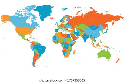 World map. High detailed political map of World with country names labeling. 5 colors scheme vector map on white background.