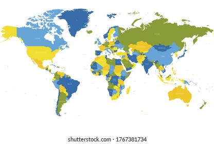 World map. High detailed political map of World with country names labeling. 5 colors scheme vector map on white background.