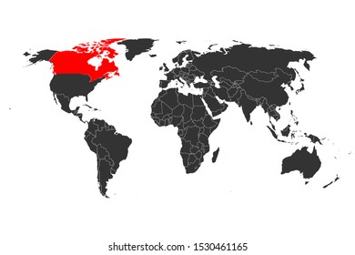 World map highlighted canada with red mark vector illustration background.