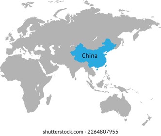 Mapa mundial resaltado china con ilustración vectorial de marca azul.