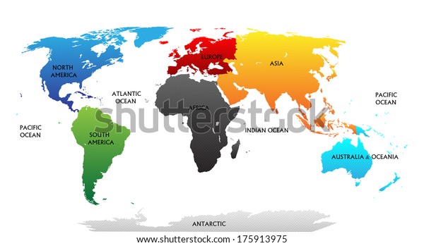 World Map Highlighted Continents Different Colors Stock Vector