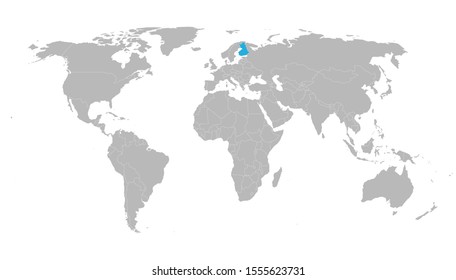 World map highlighted finland with blue color vector illustration. Gray background.