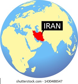 World map with highlighted Iran. Islamic Republic of Iran. Iran marked red and other countries yellow. Global Earth with Location of Iran. Vector illustration