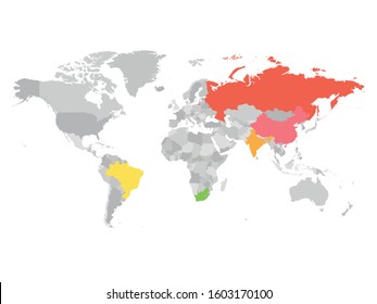 World map with highlighted member countries of BRICS - association of five major emerging national economies - Brazil, Russia, India, China and South Africa.