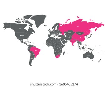 World map with highlighted member countries of BRICS - association of five major emerging national economies - Brazil, Russia, India, China and South Africa.