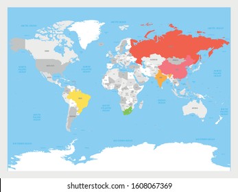 World map with highlighted member countries of BRICS - association of five major emerging national economies - Brazil, Russia, India, China and South Africa.