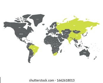 World map with highlighted member countries of BRICS - association of five major emerging national economies - Brazil, Russia, India, China and South Africa.