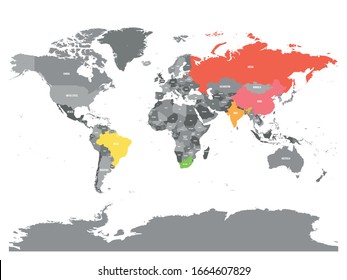 World map with highlighted member countries of BRICS - association of five major emerging national economies - Brazil, Russia, India, China and South Africa.