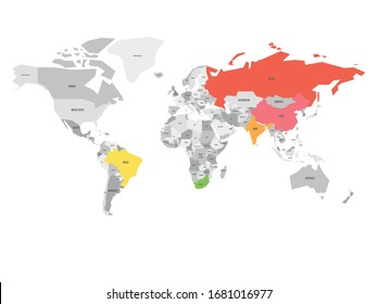 World map with highlighted member countries of BRICS - association of five major emerging national economies - Brazil, Russia, India, China and South Africa.