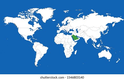 World map highlighted saudi arabia with green vector illustration. Blue background. Middle east arab country.