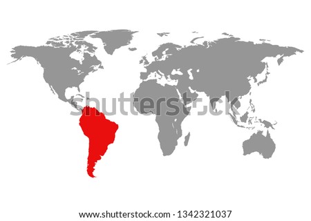 World map and highlighted South America red color.