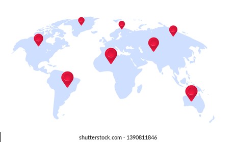 World map with highlighted strategic points. Red signs on the map. Infographics maps.