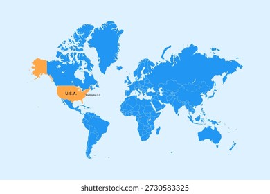 Mapa mundial, destacado en Estados Unidos, Estados Unidos de América, con la ciudad capital de Washington DC y la frontera del país.  