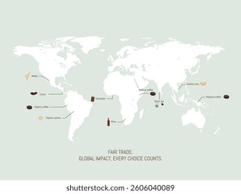 World map highlighting countries and products involved in fair trade practices, emphasizing the global impact of conscious consumption