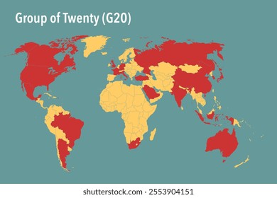 World Map Highlighting G20 Member Countries - Vector Illustration