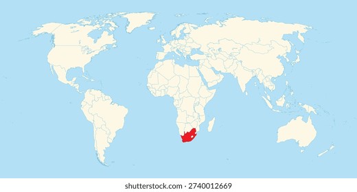 World map highlighting the location of South Africa in red color on the southern tip continen