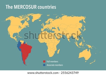 World Map Highlighting MERCOSUR Member Countries - Vector Illustration