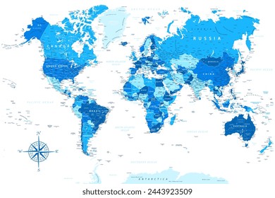 World Map - Highly Detailed Blue Colored Vector Map of the World. Ideally for the Print Posters.