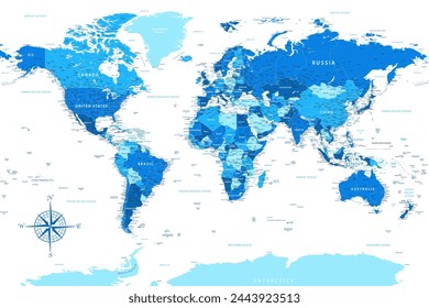 World Map - Highly Detailed Blue Colored Vector Map of the World. Ideally for the Print Posters.