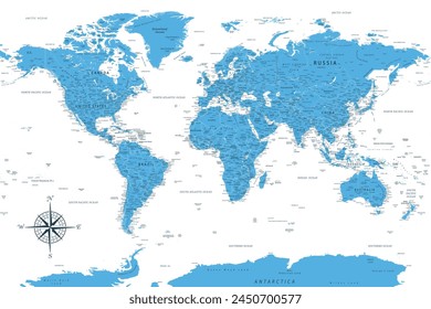 World Map - Highly Detailed Blue Colored Vector Map of the World. Ideally for the Print Posters.