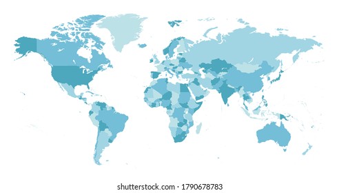 World Map. Highly detailed map of the world with detailed borders of all countries in blue colors. Vector illustration