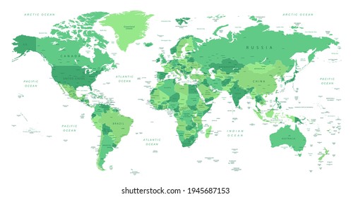 World Map. Highly detailed map of the world with detailed borders of all countries with cities, capitals and regions, in green colors.