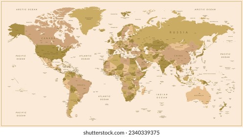 Mapa mundial. Mapa del mundo altamente detallado con fronteras detalladas de todos los países, ciudades y cuerpos de agua. Mapa vectorial en colores marrón y verde.